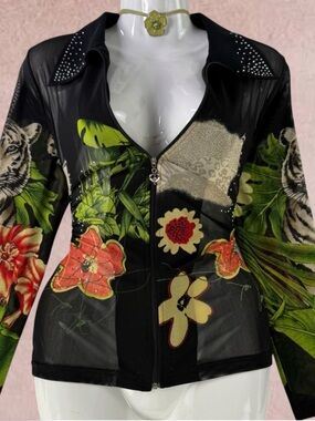 Vtg Y2k 2000s Blingy Mesh Tiger Print Long Sleeve Blouse Zip Up Top Stretchy M/L